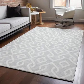 10' X 14' Silver And Ivory Geometric Washable Area Rug With UV Protection