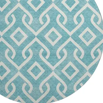 8' Teal And Ivory Geometric Washable Round Rug With UV Protection