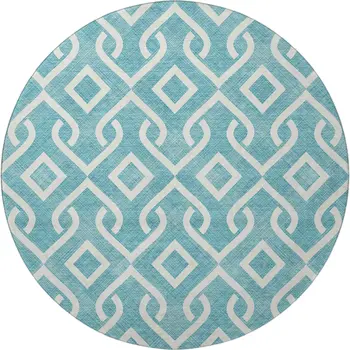 8' Teal And Ivory Geometric Washable Round Rug With UV Protection