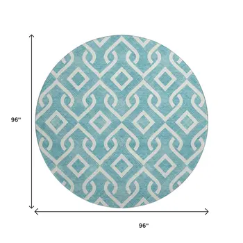 8' Teal And Ivory Geometric Washable Round Rug With UV Protection