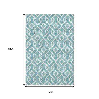 8' X 10' Teal And Ivory Geometric Washable Area Rug With UV Protection