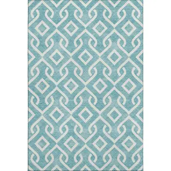 9' X 12' Teal And Ivory Geometric Washable Area Rug With UV Protection