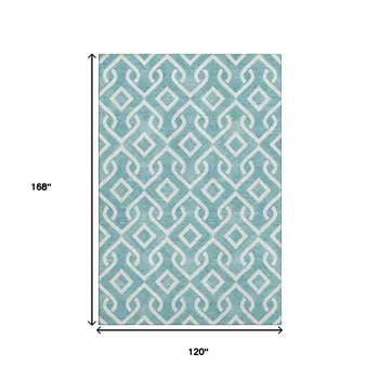 10' X 14' Teal And Ivory Geometric Washable Area Rug With UV Protection