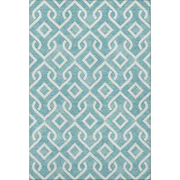 10' X 14' Teal And Ivory Geometric Washable Area Rug With UV Protection