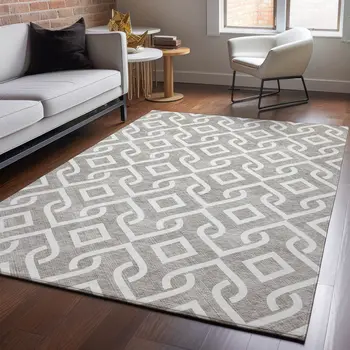 5' X 8' Taupe And Ivory Geometric Washable Area Rug With UV Protection