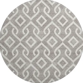 8' Taupe And Ivory Geometric Washable Round Rug With UV Protection