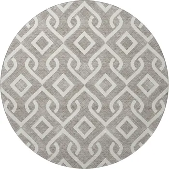 8' Taupe And Ivory Geometric Washable Round Rug With UV Protection