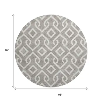 8' Taupe And Ivory Geometric Washable Round Rug With UV Protection