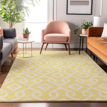 5' X 8' Yellow And Ivory Geometric Washable Area Rug With UV Protection