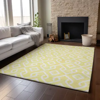 5' X 8' Yellow And Ivory Geometric Washable Area Rug With UV Protection