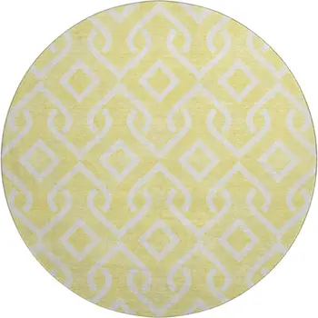 8' Yellow And Ivory Geometric Washable Round Rug With UV Protection