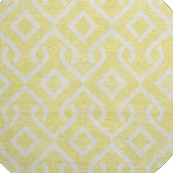 8' Yellow And Ivory Geometric Washable Round Rug With UV Protection