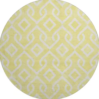 8' Yellow And Ivory Geometric Washable Round Rug With UV Protection