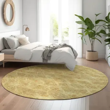 8' Gold And Beige Diamond Washable Round Rug With UV Protection