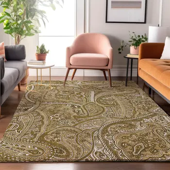 5' X 8' Brown And Ivory Paisley Washable Area Rug With UV Protection