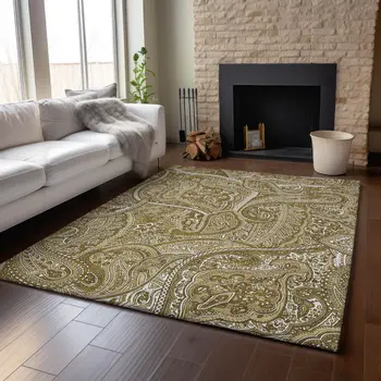 5' X 8' Brown And Ivory Paisley Washable Area Rug With UV Protection
