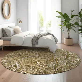 8' Brown And Ivory Paisley Washable Round Rug With UV Protection