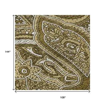 9' X 12' Brown And Ivory Paisley Washable Area Rug With UV Protection