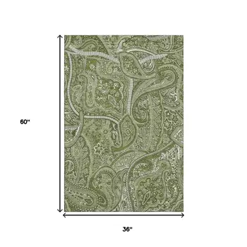 3' X 5' Green And Ivory Paisley Washable Area Rug With UV Protection