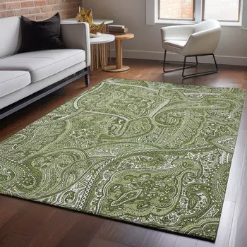 5' X 8' Green And Ivory Paisley Washable Area Rug With UV Protection