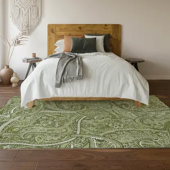 5' X 8' Green And Ivory Paisley Washable Area Rug With UV Protection