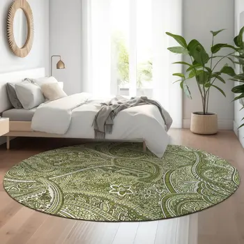 8' Green And Ivory Paisley Washable Round Rug With UV Protection