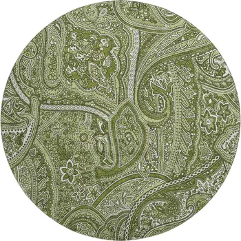 8' Green And Ivory Paisley Washable Round Rug With UV Protection