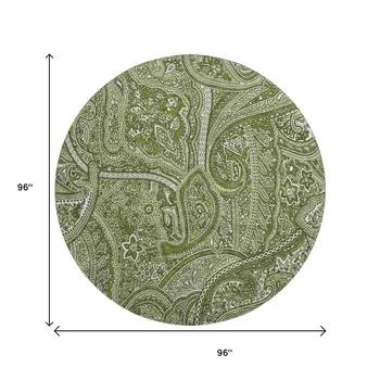 8' Green And Ivory Paisley Washable Round Rug With UV Protection