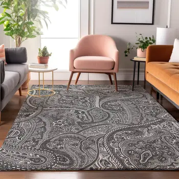 3' X 5' Gray And Ivory Paisley Washable Area Rug With UV Protection