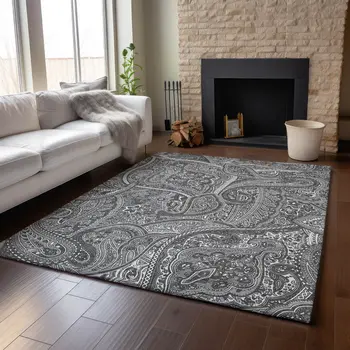 3' X 5' Gray And Ivory Paisley Washable Area Rug With UV Protection