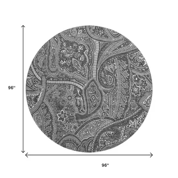 8' Gray And Ivory Paisley Washable Round Rug With UV Protection