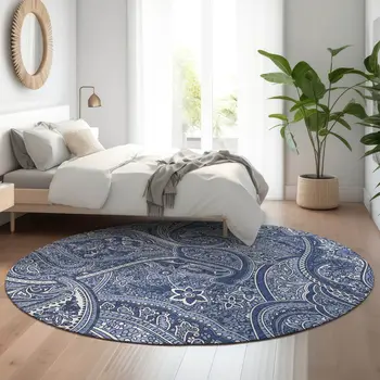 8' Navy Blue And Ivory Paisley Washable Round Rug With UV Protection