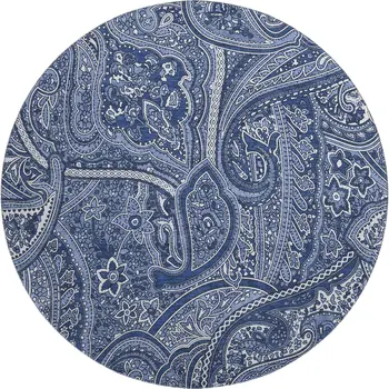 8' Navy Blue And Ivory Paisley Washable Round Rug With UV Protection