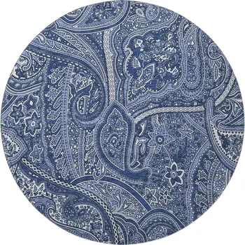8' Navy Blue And Ivory Paisley Washable Round Rug With UV Protection