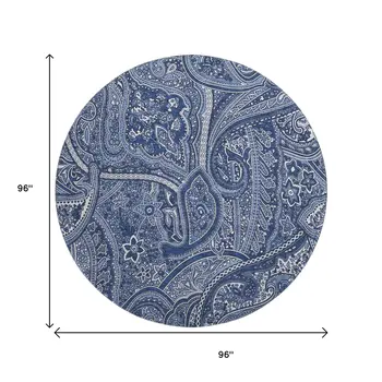 8' Navy Blue And Ivory Paisley Washable Round Rug With UV Protection