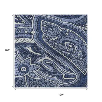10' X 14' Navy Blue And Ivory Paisley Washable Area Rug With UV Protection