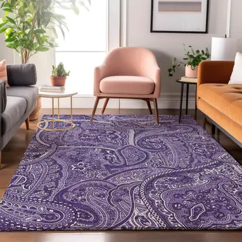 9' X 12' Purple And Ivory Paisley Washable Area Rug With UV Protection