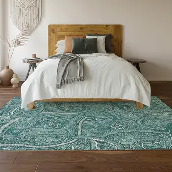 5' X 8' Teal And Ivory Paisley Washable Area Rug With UV Protection