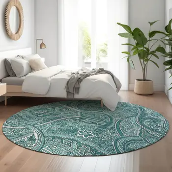 8' Teal And Ivory Paisley Washable Round Rug With UV Protection