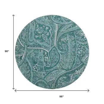 8' Teal And Ivory Paisley Washable Round Rug With UV Protection