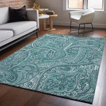 9' X 12' Teal And Ivory Paisley Washable Area Rug With UV Protection
