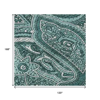 10' X 14' Teal And Ivory Paisley Washable Area Rug With UV Protection
