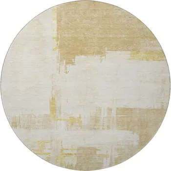 8' Beige Ivory And Gold Abstract Washable Round Rug With UV Protection