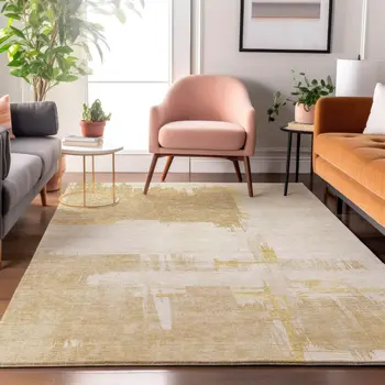 9' X 12' Beige Ivory And Gold Abstract Washable Area Rug With UV Protection