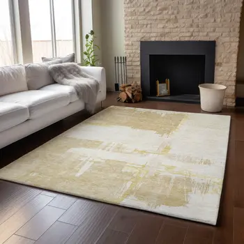 9' X 12' Beige Ivory And Gold Abstract Washable Area Rug With UV Protection