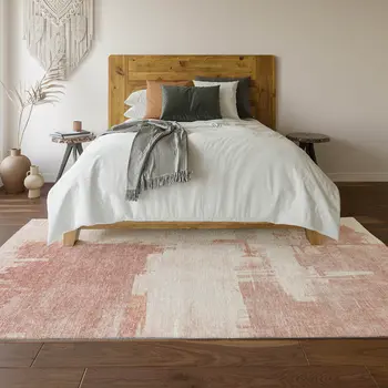 5' X 8' Blush And Ivory Abstract Washable Area Rug With UV Protection