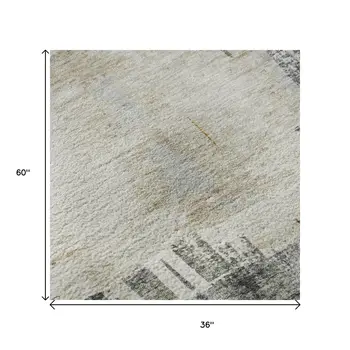 3' X 5' Charcoal Ivory And Gold Abstract Washable Area Rug With UV Protection