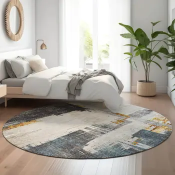 8' Charcoal Ivory And Gold Abstract Washable Round Rug With UV Protection