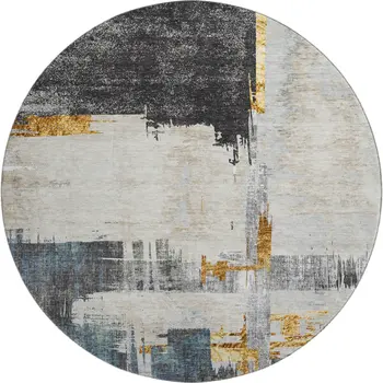 8' Charcoal Ivory And Gold Abstract Washable Round Rug With UV Protection