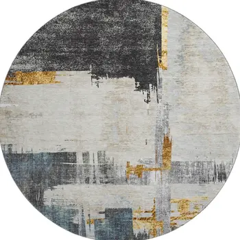 8' Charcoal Ivory And Gold Abstract Washable Round Rug With UV Protection